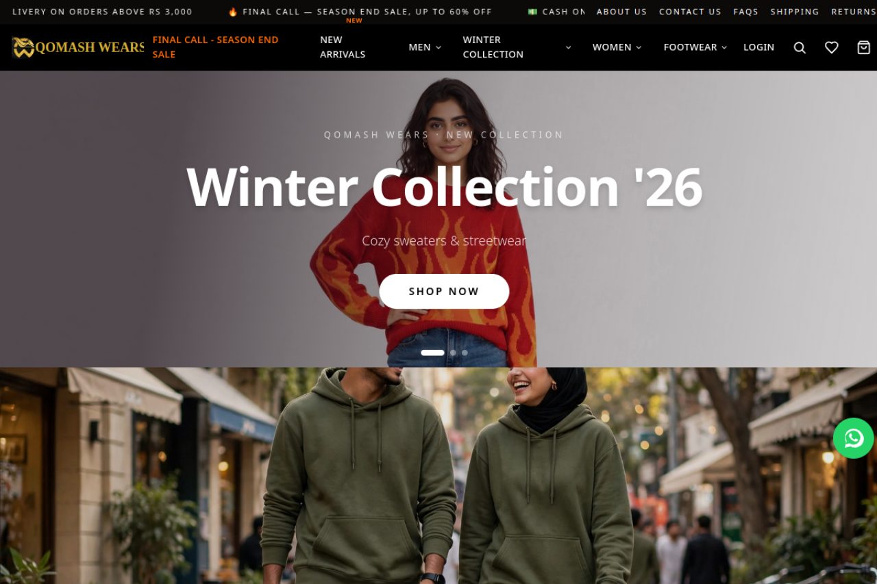 Qomash Wears clothing store homepage